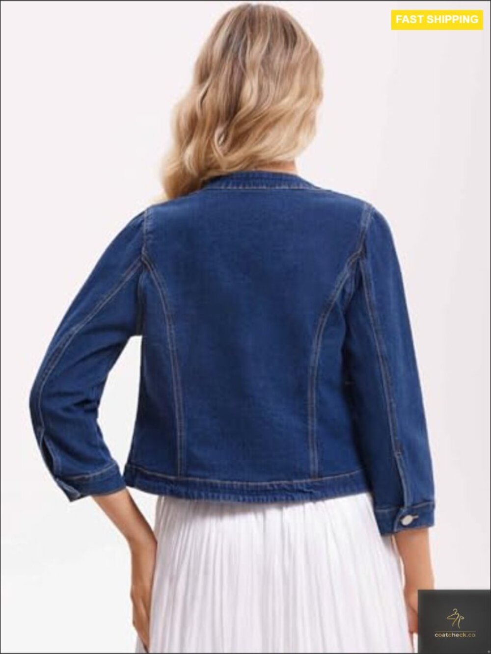Collarless Denim Jacket Cardigan 3/4 Sleeve Button Front Casual Chic Jean Coat - Picture 4 of 6